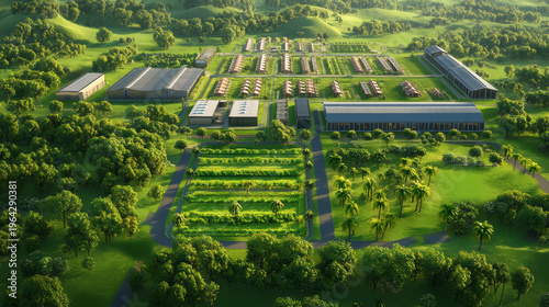Modern industrial complex with green landscape, solar panels, and organized agriculture