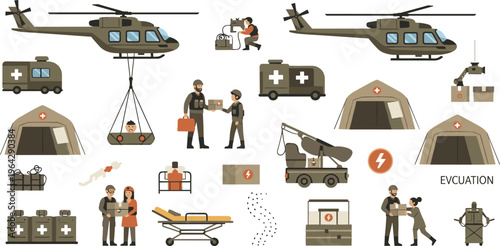 Military Medical Evacuation Illustration Set with Helicopter Rescue, Field Hospital, Ambulance, Stretcher Transport, and Emergency Response Equipment for Disaster and War Aid