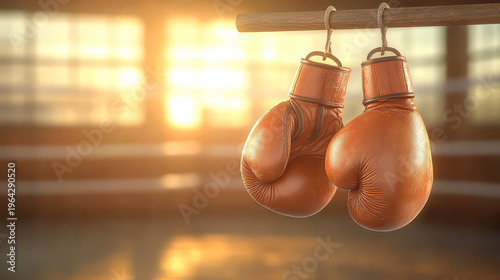Boxing glove hanging hook sunlight gym blurred background vintage leather equipment