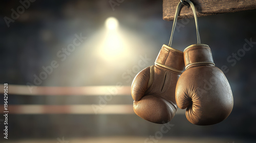 Boxing gloves hanging from hook empty arena with dramatic lighting, vintage style, moody