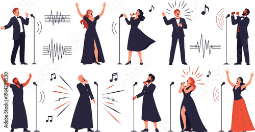 Opera Singers Performance Illustration Set with Vocal Artists, Stage Microphones, Musical Expression, and Classical Concert Characters for Music Event Design