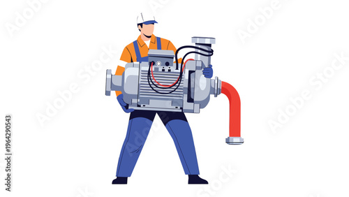 Mechanic holding pump: A skilled mechanic, equipped with professional gear, confidently holds a powerful pump, illustrating technical expertise and industrial capability.