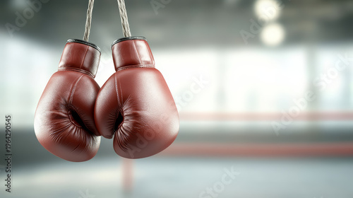 Boxing glove hanging rope leather red blurred background gym Boxing glove hanging from rope gym