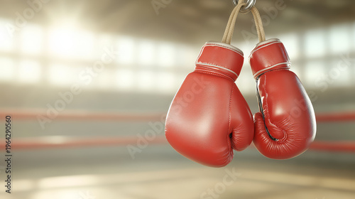 Red boxing gloves hanging from hook in sunlit boxing ring, symbolizing strength and focus