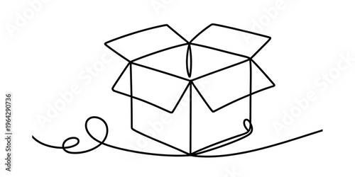 Minimalist continuous line drawing of an open cardboard box on a plain white background surface. Vector, illustration