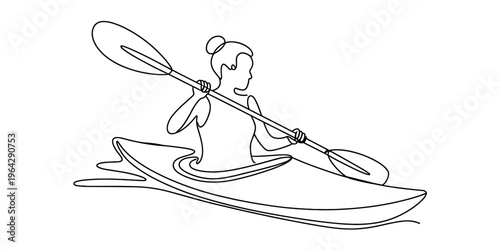 A continuous line drawing of a person paddling a kayak across the calm surface of a water body Vector, illustration
