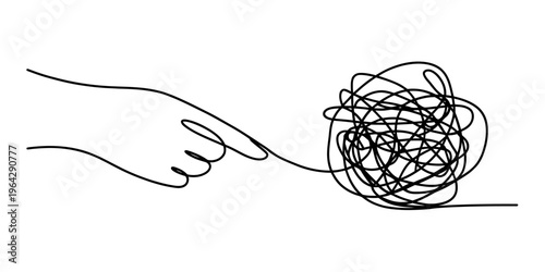 A minimalist black and white line drawing of a human finger touching a complex tangled ball knot Vector, illustration