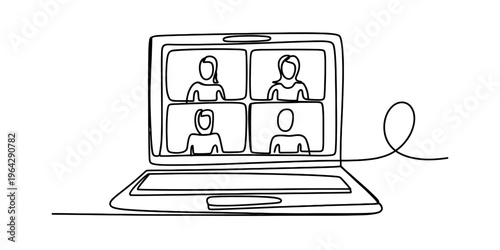 A single continuous line drawing of a laptop displaying a group video call with four participants. Vector, illustration