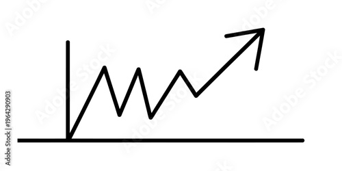 A simple black and white line graph illustration showing a volatile yet upward growth trend line Vector, illustration