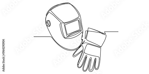 A single continuous line drawing of a protective welding helmet and a heavy duty safety glove gear Vector, illustration