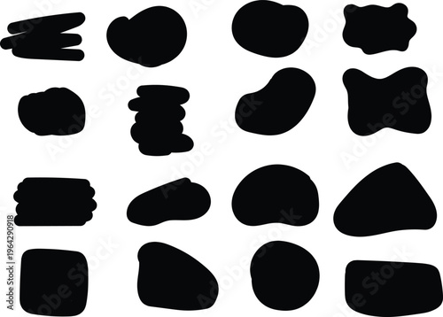 Seamless abstract monochrome pattern of organic black shapes and circles on a clean white background, resembling cow spots or dalmatian print, ideal for design.
