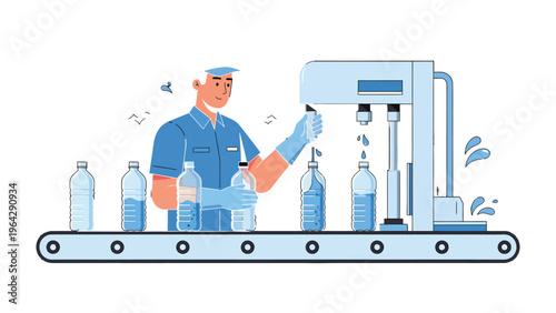 Water Bottle Production Line: A worker meticulously monitors a state-of-the-art production line, ensuring the quality and efficiency of the water bottling process.
