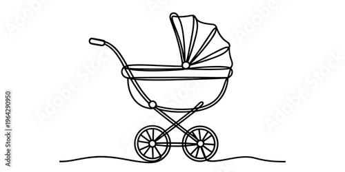 A single continuous line drawing of a classic baby stroller isolated on a plain white background Vector, illustration