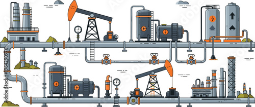 Oil and Gas Industry Illustration with Refinery Plant, Pipeline Network, Storage Tanks, Pump Jacks, and Energy Production Infrastructure for Industrial Engineering Design