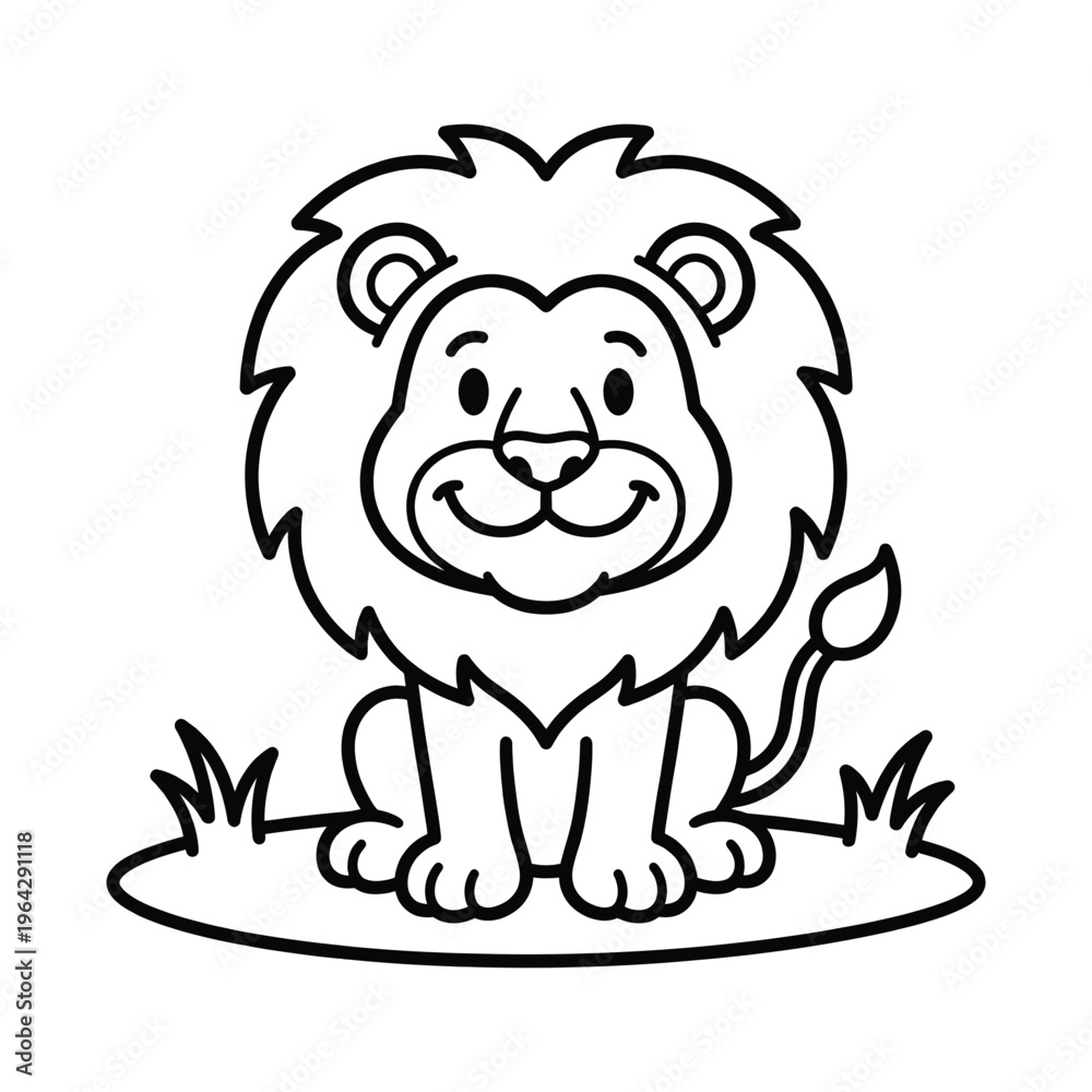 Obraz premium A charming black and white illustration depicts a smiling lion sitting in grassy terrain