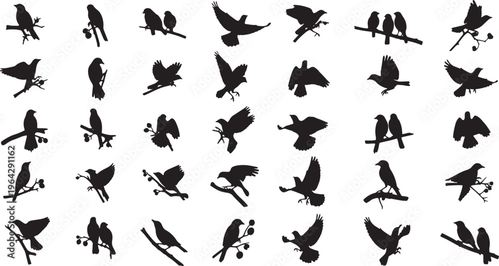 Fototapeta premium flock of birds flying and perching on branches flat design vector illustration