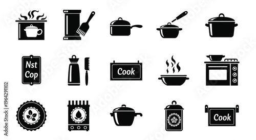 Black and white icons depicting various kitchen cookware and appliances