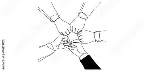 A minimalist black and white line art illustration showing a group of hands joining in a fist bump Vector, illustration