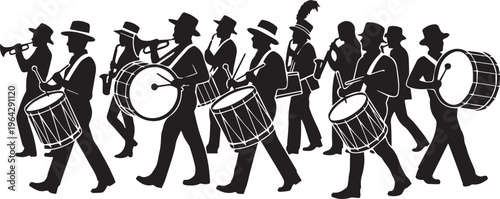 Marching band parade vector silhouette illustration with musicians playing brass instruments