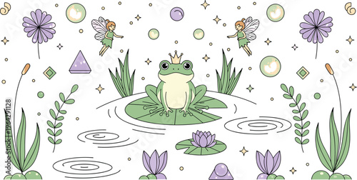 Cute Frog Fantasy Illustration with Fairies, Pond, Water Lilies, Magical Elements, and Whimsical Nature Scene for Children Storybook Design