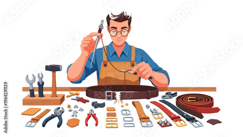 Craftsmanship Unveiled: A skilled artisan, engrossed in the meticulous creation of leather belts, epitomizes the dedication to timeless craftsmanship.