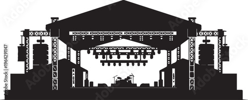 Outdoor stage silhouette with speakers drums and lighting for music festival vector illustration