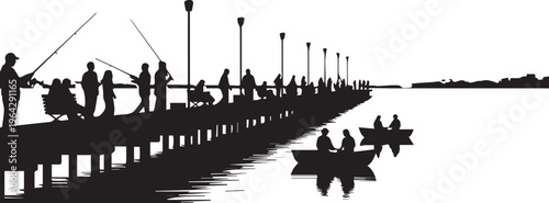 People fishing on pier and in boats, tranquil waterfront scene vector silhouette line art