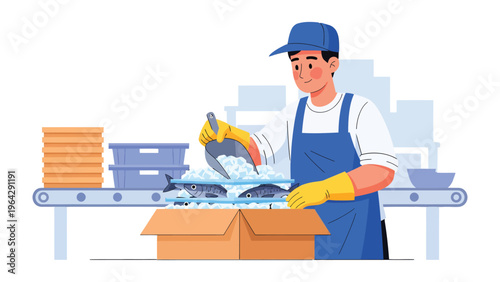 Fish Packing Process: A worker meticulously packs fish on a conveyor belt, ensuring efficient and hygienic processing with focus on food industry.