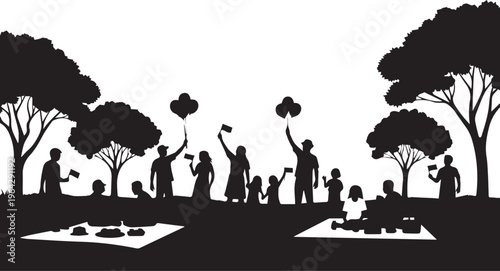 People having picnic in park, family and friends enjoying outdoor activity vector silhouette