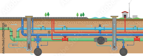 Underground Water Pipeline System Illustration with Sewer Network, Drainage Flow, Inspection Chambers, and Utility Infrastructure Cross Section Design