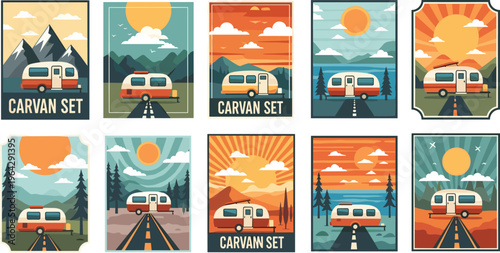 Caravan Travel Poster Illustration Set with Vintage Camper Van, Scenic Road Trip Landscapes, Mountains, Forest, and Sunset Views for Adventure Tourism Design