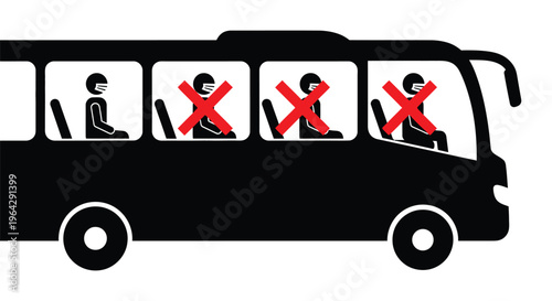 Vector graphic illustration showing social distancing rules for passengers seated inside a public transportation bus