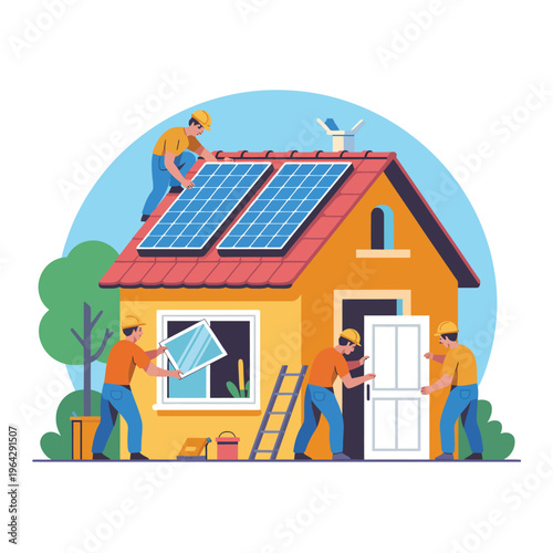 Workers installing solar panels on a house with new windows