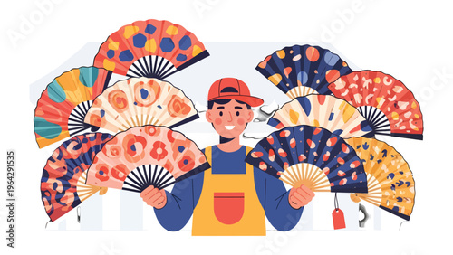 Artisan's Artistic Array: A smiling artisan proudly presents an array of colorful, handcrafted fans, showcasing artistry and cultural expression. 