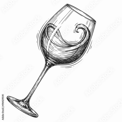Elegant Hand-Drawn Illustration of Wine Swirling in a Glass, Capturing the Movement and Grace of the Beverage