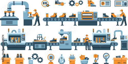 Shoe Manufacturing Process Illustration with Factory Assembly Line, Workers, Machinery, Packaging, and Footwear Production Workflow for Industrial Design