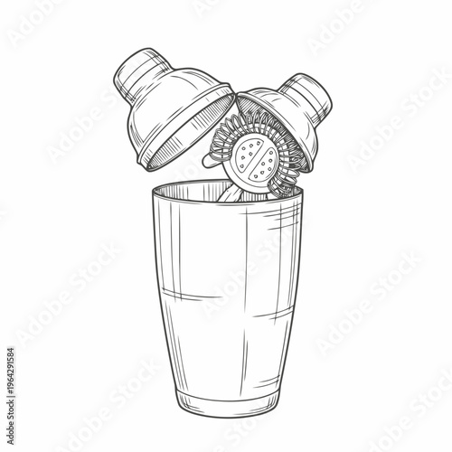 Hand-drawn cocktail shaker with strainer and lid, perfect for bar and mixology illustrations