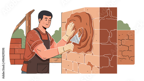 Craftsman's Touch: A dedicated craftsman meticulously applies plaster to a brick wall, showcasing the artistry and skill of construction work.