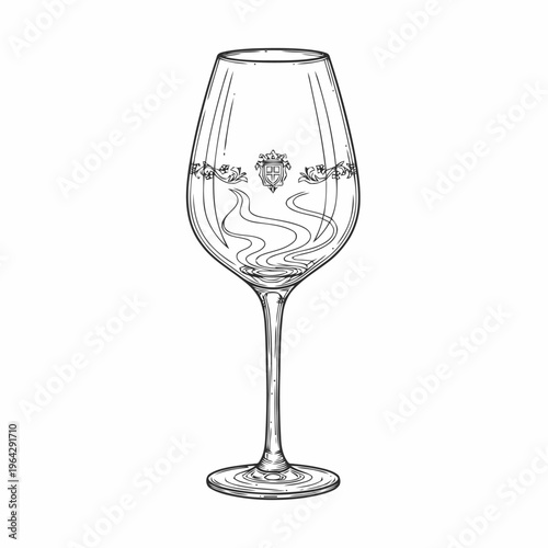Elegant hand-drawn illustration of a classic wine glass featuring an ornate swirling design, perfect for sophisticated beverage menus, vintage labels, and upscale drink concepts