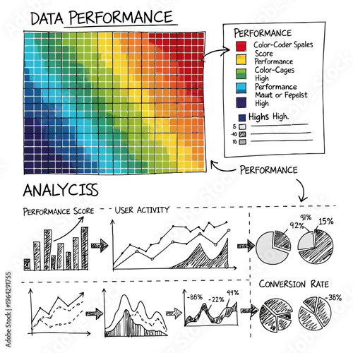 Business data performance analysis dashboard with heat map and financial charts showing conversion rates and user activity metrics for professional growth reporting.