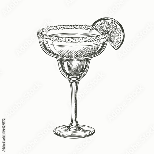Hand-drawn vintage sketch of a refreshing margarita cocktail served in a classic glass with a salted rim and fresh lime wedge, perfect for summer drinks