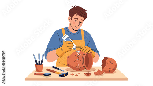 Restoration Process: An artisan meticulously restores a broken pot, demonstrating skill and dedication in the delicate process of repair.