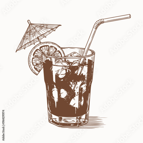 Refreshing Hand-Drawn Summer Cocktail Illustration with Lemon Slice, Ice, and Decorative Umbrella, Perfect for Mixology Menus and Vintage Beverage Designs