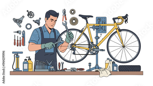 Cycling Repair: An expert cyclist meticulously repairs a sleek bicycle amidst an array of tools and spare parts, a testament to craftsmanship and passion for cycling. 