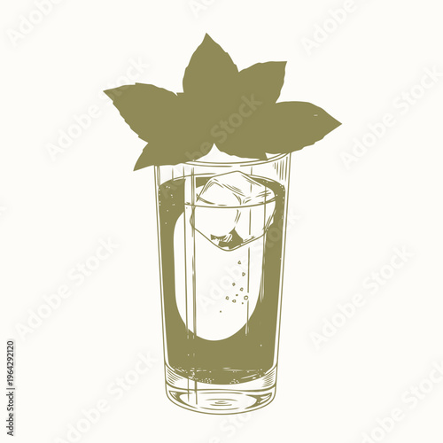 Hand-drawn illustration of a refreshing iced beverage with a vibrant mint garnish, perfect for summer drinks and cool refreshment