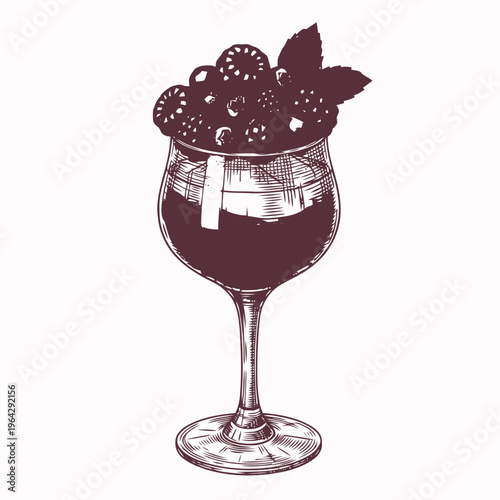 Delicious hand-drawn illustration of a refreshing berry-infused beverage served in an elegant glass, garnished with fresh fruit and a mint leaf, perfect for culinary and beverage concepts