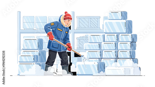 Winter Worker: An illustration of a determined worker, bundled up against the cold, clearing snow with a shovel. This artwork captures the essence of labor, perseverance.