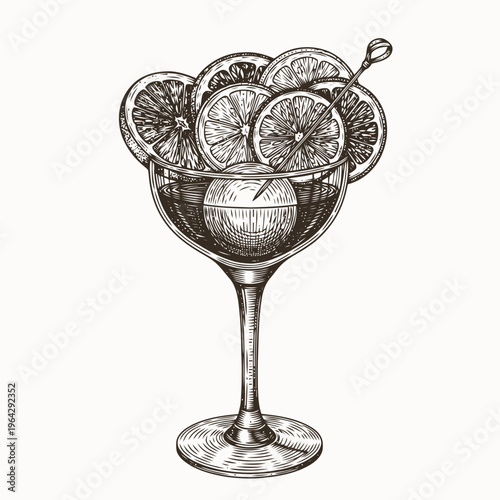 Hand drawn sketch of a classic citrus cocktail served in an elegant coupe glass with a large ice sphere and orange slices, perfect for refreshing drinks, bars, and summer menus