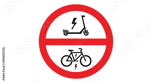 Vector illustration graphic depicting a prohibition sign for electric scooters and bicycles, highlighting a restriction.