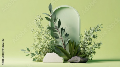 A serene arrangement of green plants and stones, set against a soft green backdrop